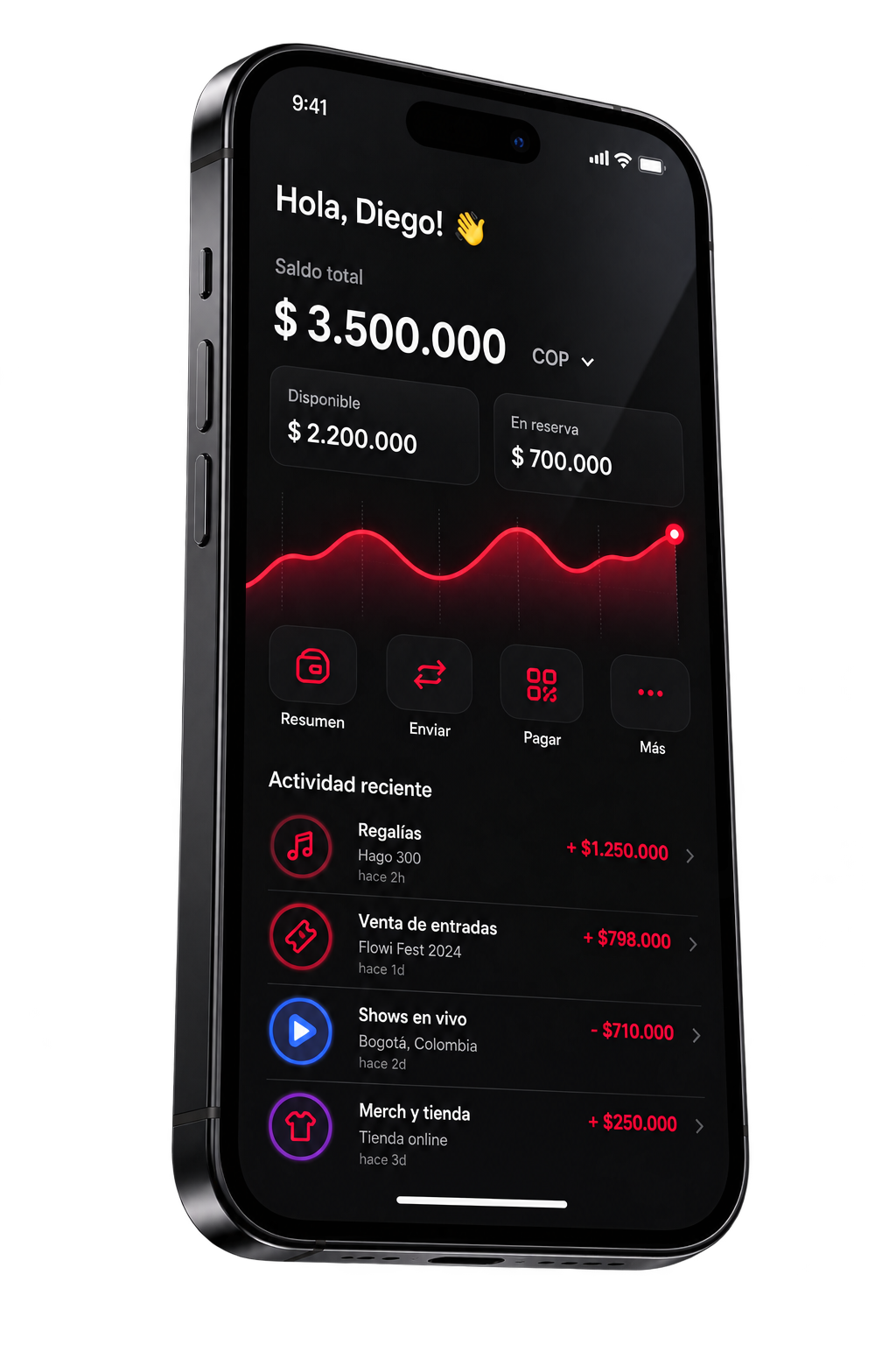 App Flowi mostrando saldo total