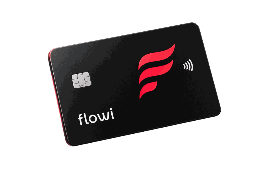 Flowi Card negra con logo rojo